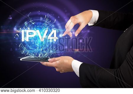 Close-up of a touchscreen with IPV4 abbreviation, modern technology concept