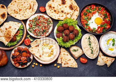 Traditional Jewish Food. Hummus, Falafel, Shakshuka, Tsimes, Forshmak And Pita