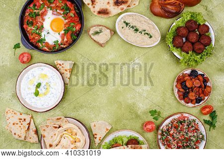 Traditional Jewish Food. Hummus, Falafel, Shakshuka, Tsimes, Forshmak And Pita