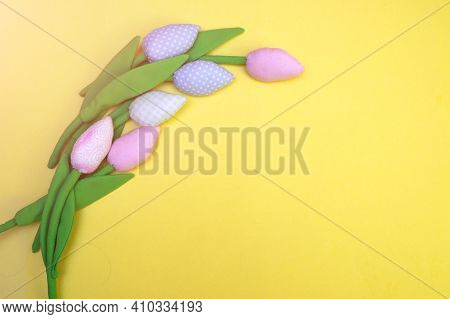 Sewn Fabric Tulips. Hand Made Textile Flower For Lovers Gift For Valentines Day Or Womens Day. Plant