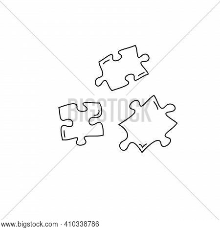 Three Jigsaw Hand Drawn Pieces, Cartoon Puzzle Falling Pieces, Linear Black And White Icon, Hand Dra