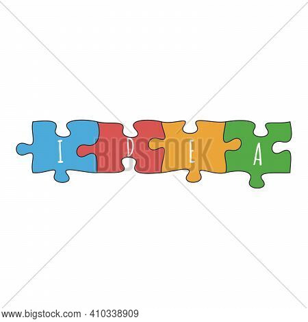 Four Puzzle Pieces Vector Isolated Colored Logo With Idea Word, Puzzle Chain. Game Logo, Fresh Idea 