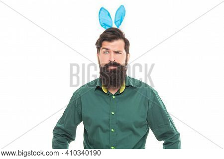Getting Ready For Easter. Hipster In Rabbit Ears. Time For Fun. Serious Guy Looking Funny. Spring Ho
