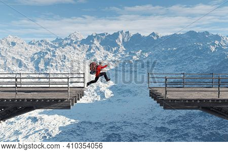 Man Jumps Over A Gap Of A Bridge . This Is A 3d Render Illustration