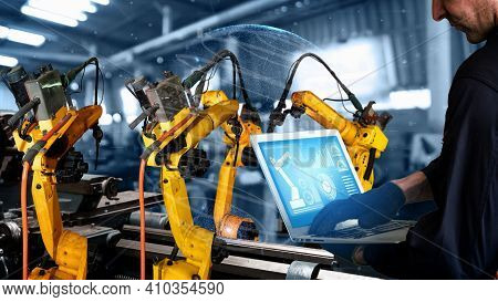 Smart Industry Robot Arms Modernization For Digital Factory Technology . Concept Of Automation Manuf