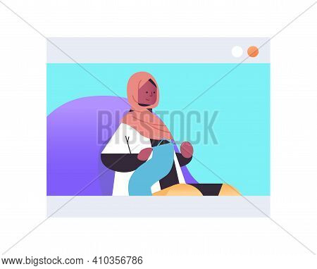 Black Muslim Woman Knits In Web Browser Window Online Hobby Courses For Learning Knitting Concept Po