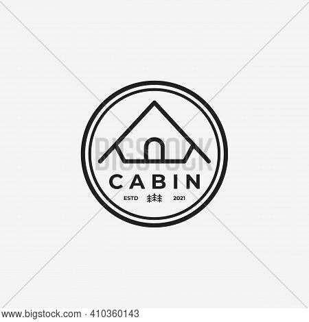 Emblem Of Minimalist Cabin Or Cottage Vector Logo, Line Art Design Illustration Of Wooden Lodge