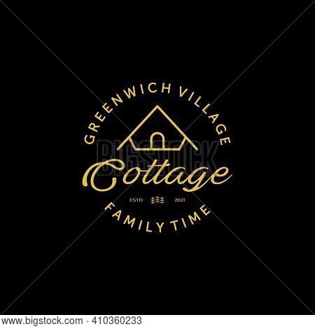 Cottage Or Cabin Logo Vector Line Art Vintage, Design Illustration Of Cozy Camp Rent, Family Time Co