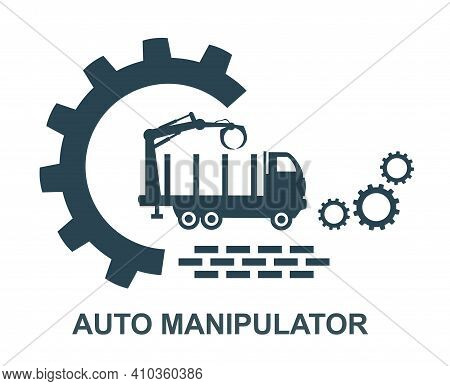 Vector Icon Of The Log Truck Logo. Production And Delivery Of Cruises. Automotive Hydraulic Manipula