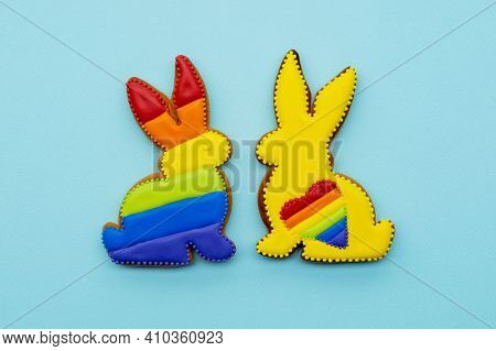Lgbt Pride. Colorful Decor. Individuality Tolerance. Pastry Ornament. Yellow Gingerbread Rabbit Coup