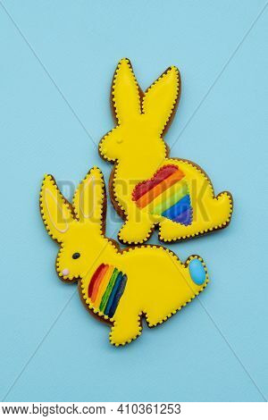 Gay Love. Lgbt Pride. Homosexual Relationship. Freedom Rights. Yellow Gingerbread Bunny Couple Cooki