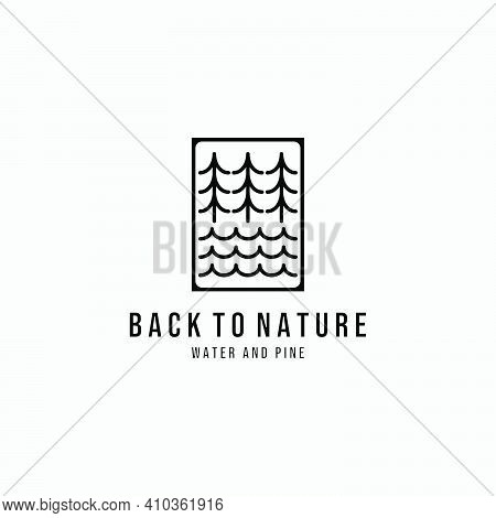 Illustration Of Pine And Water Wave Logo Vector Line Art, Design Of Wildlife Nature Outdoor