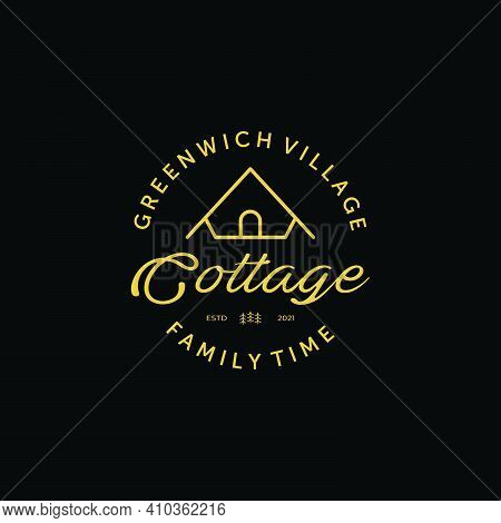 Cottage Or Cabin Logo Vector Line Art Vintage, Design Illustration Of Cozy Camp Rent, Family Time Co