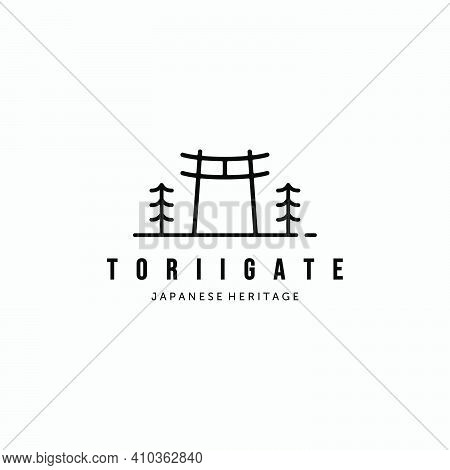 Minimalist Line Art Torii Gate Vector Logo, Illustration Design Of Traditional Japanese Culture Conc