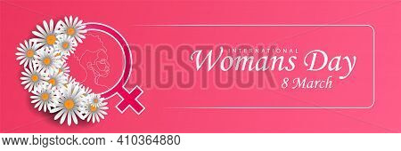 Happy Women's Day Greeting Card, Gift Card On Pink Background With Design Of A Women And Text 8Th Ma