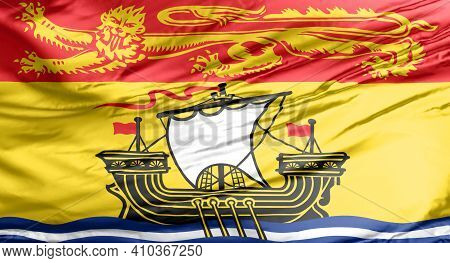 The Flag Of New Brunswick, Consists Of A Golden Lion Passant On A Red Field In The Upper Third And A