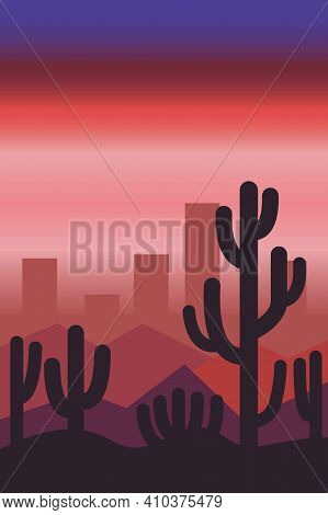 Violet And Red Sun Set Sky. Pink City Silhouette. Purple Desert Dunes. Black Cactuses. Abstract Text