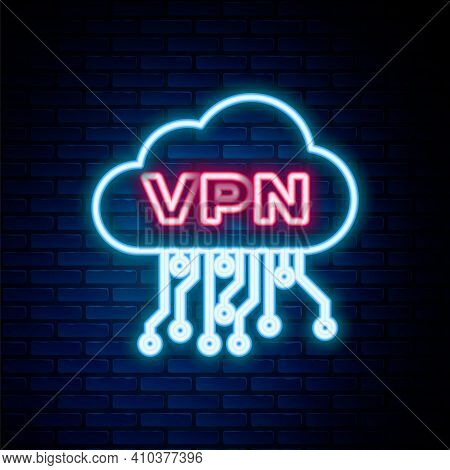 Glowing Neon Line Cloud Vpn Interface Icon Isolated On Brick Wall Background. Software Integration. 