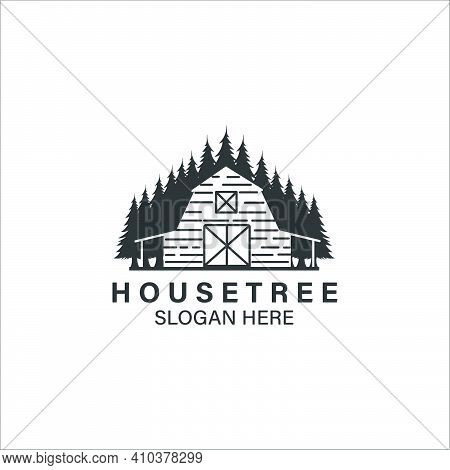 House Tree Line Art Logo Illustration Vector Template Design, Barn House Logo Design