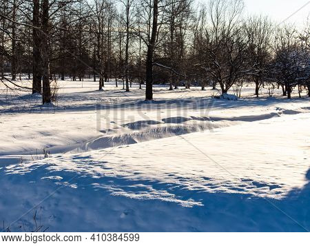 View Of Meadow And Ditch In The Park After Snowfall
