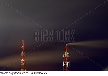 Signaled With Red Lights Smoke Pipes Of Petrochemical Plant At Night Dark Dramatic Sky Long Time Exp