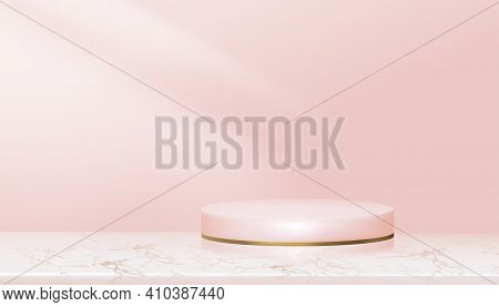 Minumal Podium Display With Pink And Yellow Gold Cylinder Stand On Rose Gold Foil Marble,vector Real