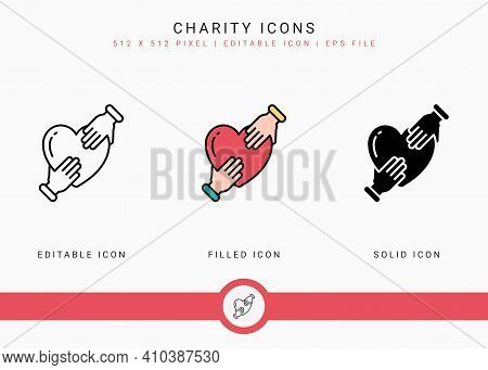 Charity Icons Set Vector Illustration With Solid Icon Line Style. Donation Love Support Concept. Edi