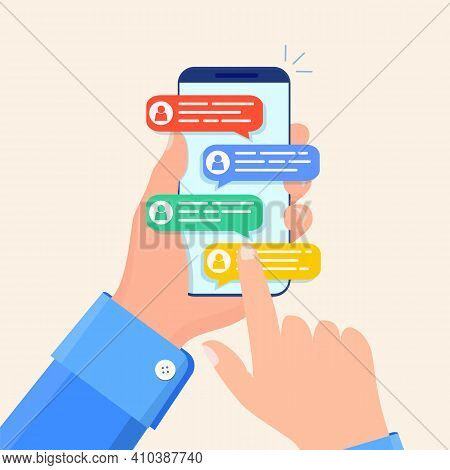 Online Chat Messages Text Notification On Mobile Phone. Hand Holds Smartphone Sms Speech Bubbles Pus
