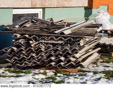 Stack Of Old Corrugated Asbestos-containing Roofing Materials - Roofing Slates