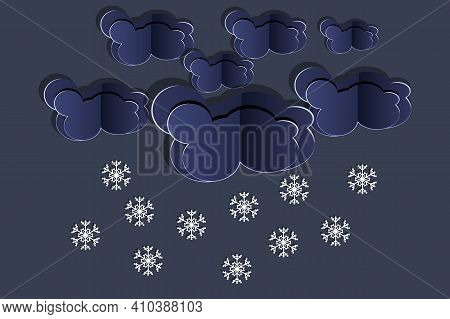 Paper Cut Clouds With Snowflakes On Dark Sky Background. Origami Art Snowing Season. Forecast Concep