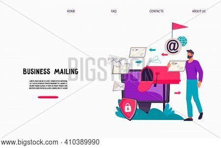 Business Mailing And Email Marketing.web Banner Template With Man Getting Correspondence On His Inbo