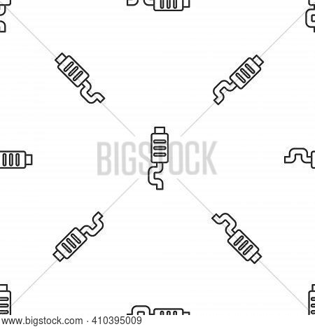 Grey Line Car Muffler Icon Isolated Seamless Pattern On White Background. Exhaust Pipe. Vector