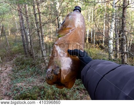 Picking Up Garbage Left In Forest.
Human Hand In Black Glove Holding Brown Plastic Bottles Discarded