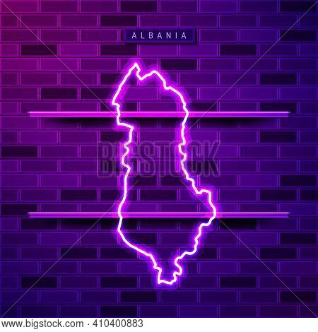 Albania Map Glowing Neon Lamp Sign. Realistic Vector Illustration. Country Name Plate. Purple Brick 