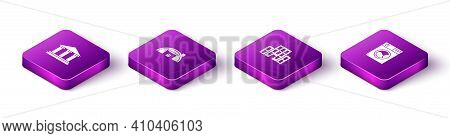 Set Isometric Museum Building, Warehouse, House And Washer Icon. Vector