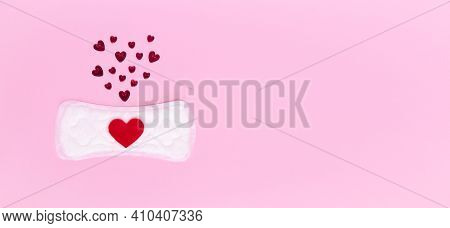 Daily Hygienic Women's Pad And Hearts. Critical Days Concept.