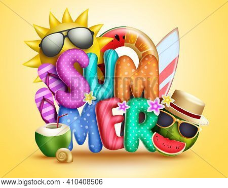 Summer 3d Vector Concept Design. Summer 3d Text With Sun, Fruits Character In Shades And Tropical El