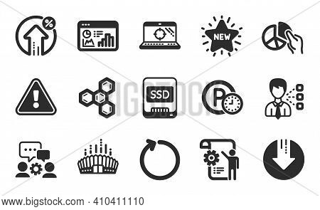 Download Arrow, Ssd And Loan Percent Icons Simple Set. Engineering Team, Pie Chart And Seo Laptop Si