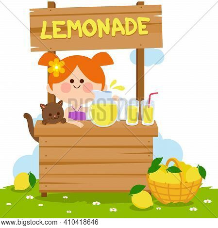 Little Girl In A Lemonade Stand Making And Selling Fresh Lemon Juice. Vector Illustration