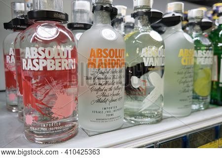 Bottles Of Absolut Vodka. Different Kinds Of Absolut Vodka In Supermarket. Mersin, Turkey - December
