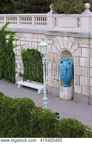 Walkway Path With Benches And Big Vase In Vienna City Park