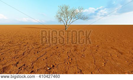 Concept or conceptual desert landscape with a parched tree as a metaphor for global warming and climate change. A warning for the need to protect our environment and future 3d illustration