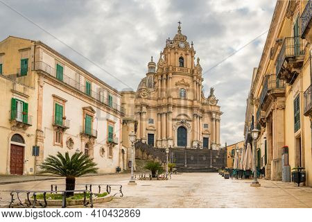 The Duomo of San Giorgio church at empty Duomo square in Ragusa Ibla, Sicily, Italy.