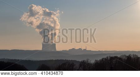 Temelin, Czech Republic - 02 28 2021: Nuclear Power Plant Temelin, Cooling Towers With White Water V