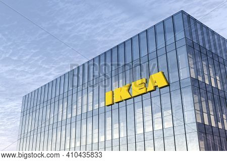 Delft, Netherlands. February 25, 2021. Editorial Use Only, 3d Cgi. Ikea Signage Logo On Top Of Glass