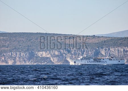 Solta Island, Croatia - October 1, 2011:  View Of A Local Ferry With Solta Island In The Background