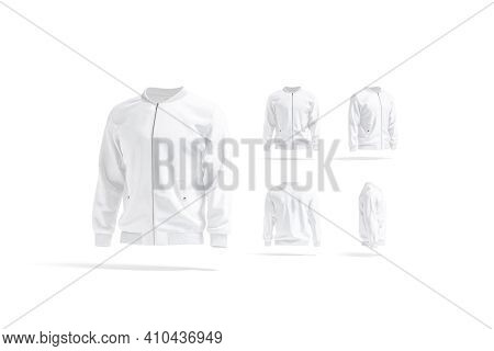 Blank White Bomber Jacket Mockup, Different Views Set, 3d Rendering. Empty Sport Male Wind Breaker W