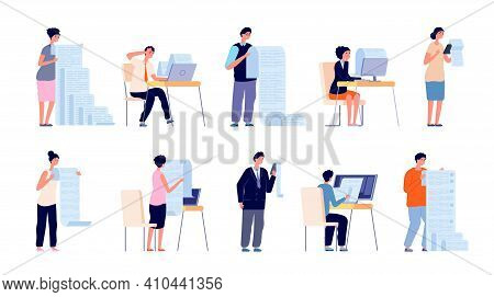 People With Documents. Cartoon Manager, Checklist File Or Paper Pay Form. Fill Work Document Or Appl