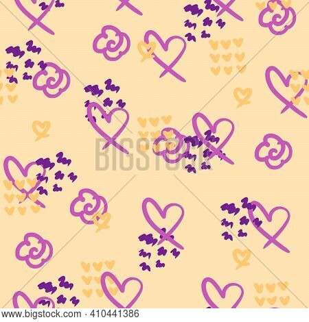 Abstract Flower Background. Seamless Pattern. Heart And Flowers On A Beige Background. Pink, Purple 