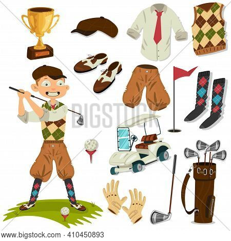 Golfer And Golf Accessories Vector Cartoon Set Isolated On A White Background.